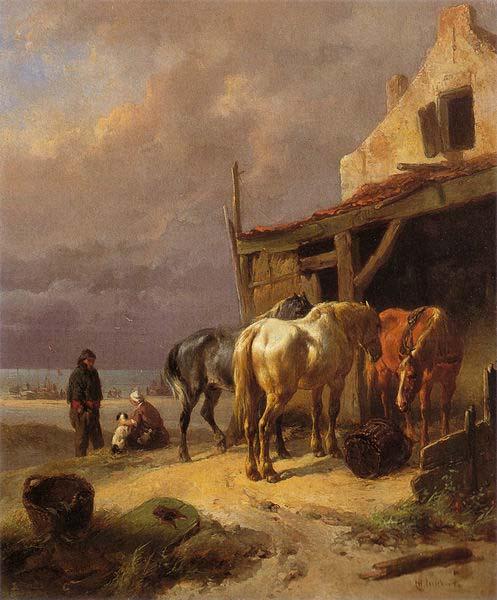 Wouterus Verschuur Draught horses resting at the beach oil painting picture